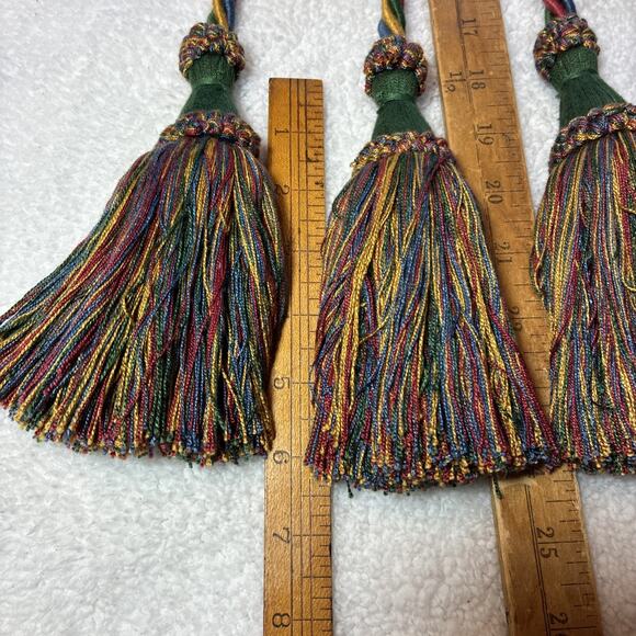 Pair Large Drapery Curtain Tie Backs Tassels red/green/gold Fringe 24” Elegant - Picture 2 of 5